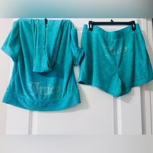 NWT Juicy Couture Teal Terry Cloth
Y2K Tracksuit Hoodie Shorts Bling L